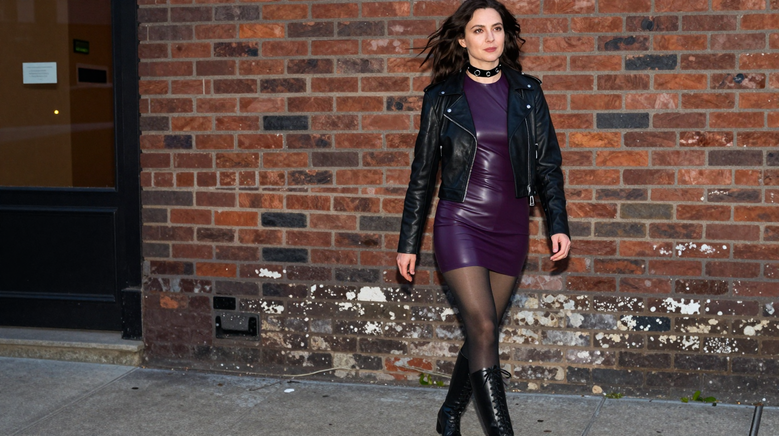 Woman wearing a purple latex mini dress, black biker jacket, ring choker and lace-up boots on a brick-lined street