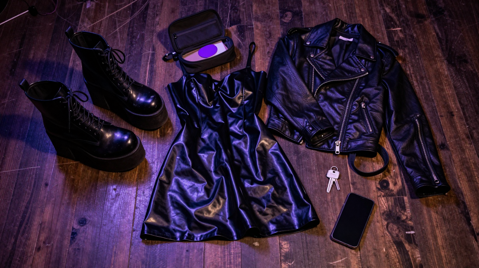 Black platform boots, latex dress, leather jacket, keys and phone on a worn wooden floor under purple light